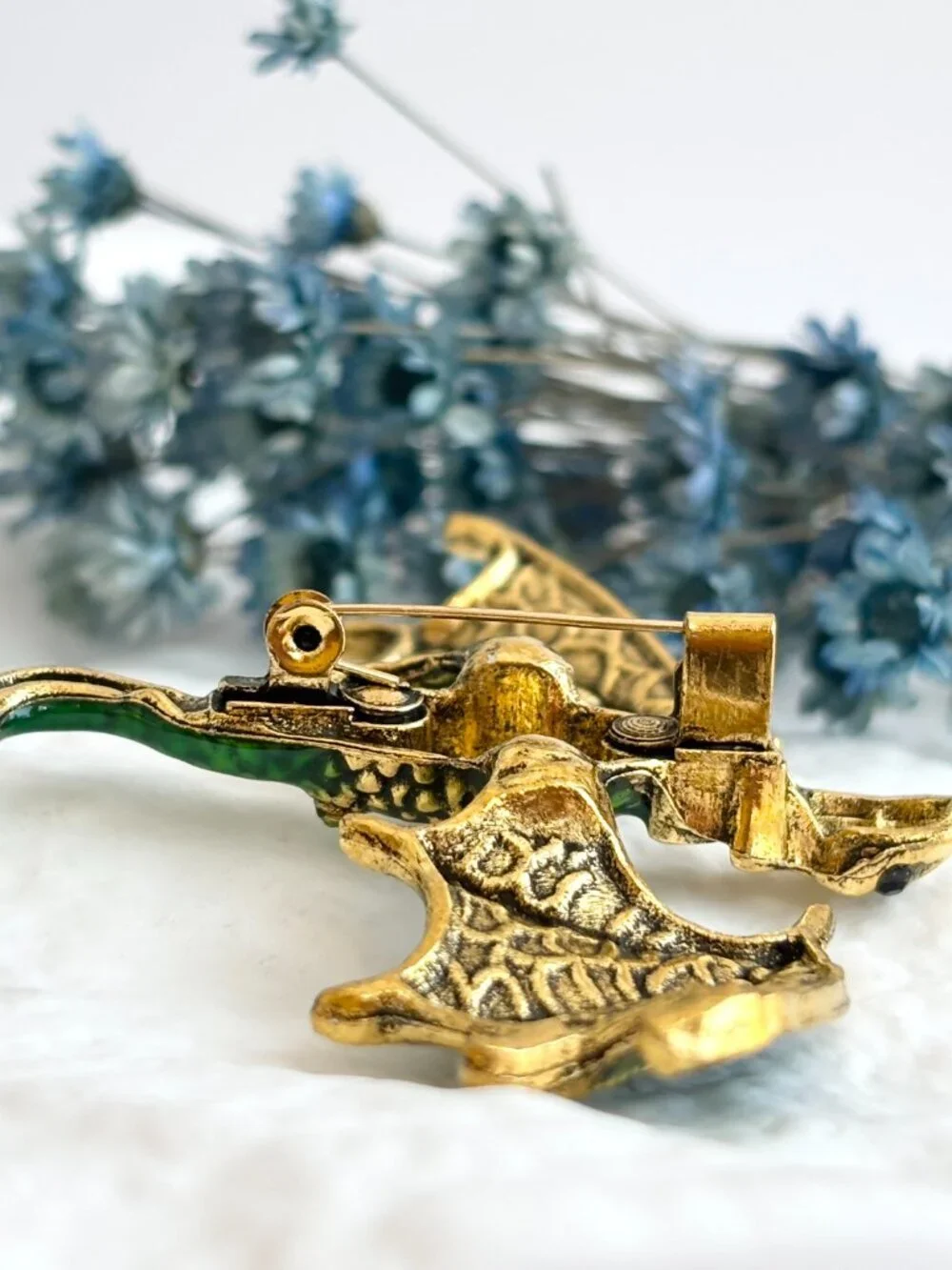 Dragon Figural Green Enameled Rhinestone Accented Gold Toned Brooch Pin